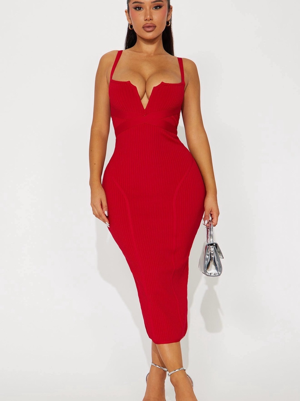 Fashion Nova Red Ribbed Plunge Midi Dress
